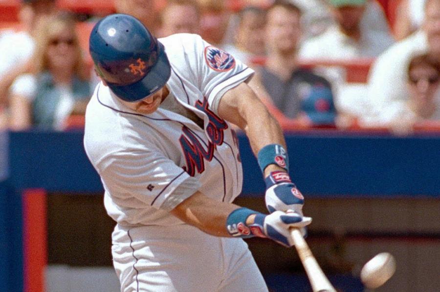 Mike Piazza of the Oakland Athletics looks on in batting practice