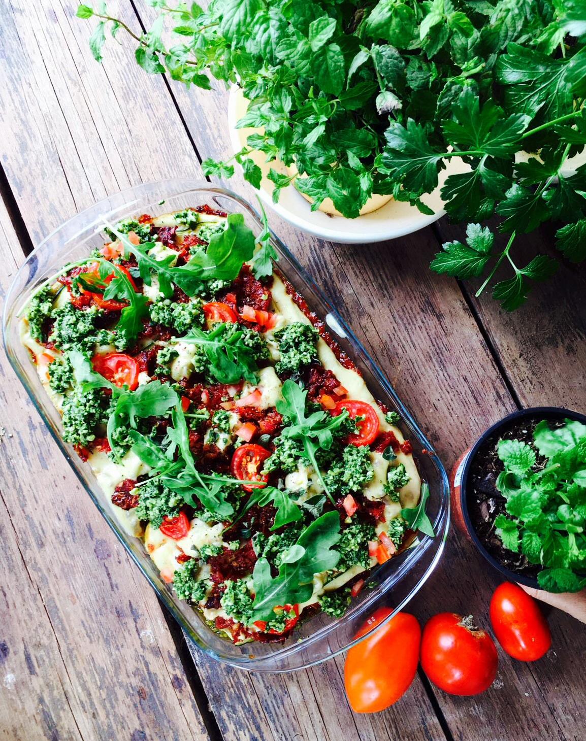 Raw Italian lasagna of almond, basil and sundried tomato pesto.