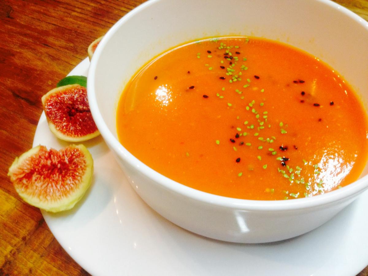 Tomato soup with seasonal figs.